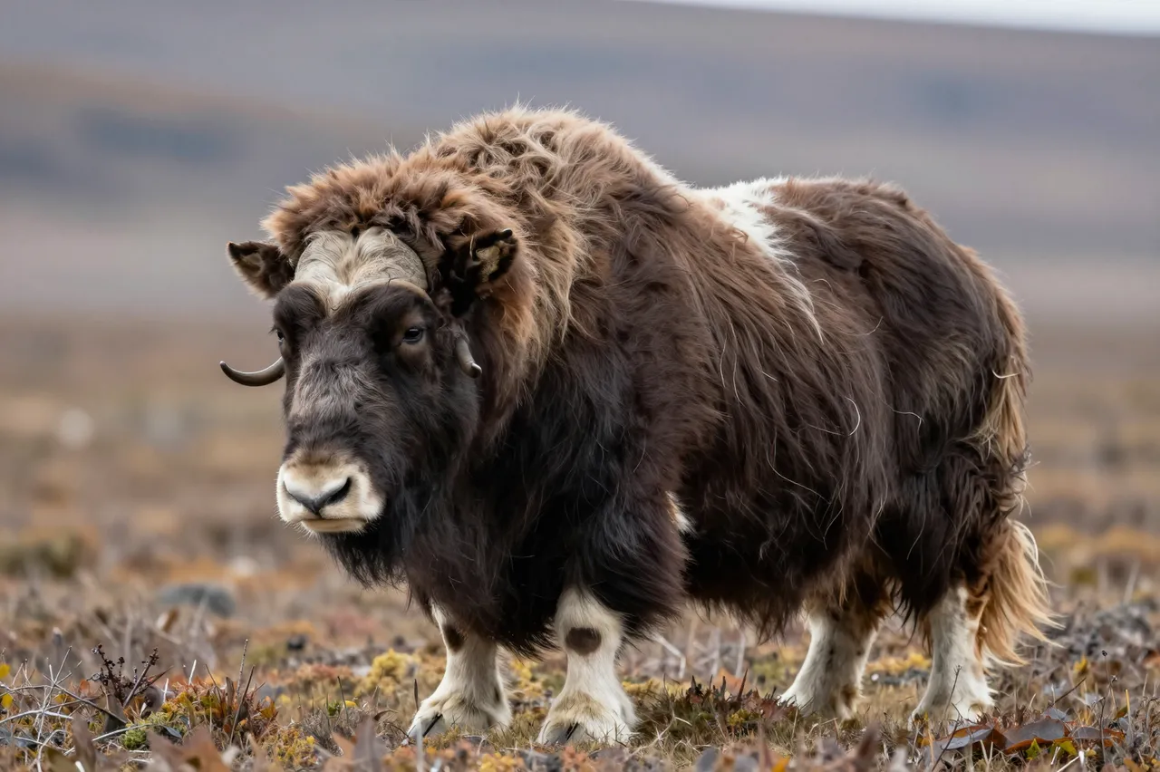 A thick-coated musk ox stands facing the camera on open arctic tundra