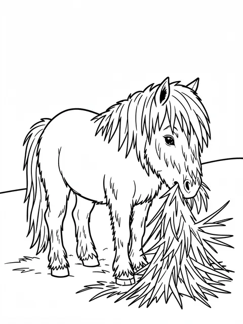 Bold black line art of a shaggy pony standing and eating hay on a plain white background