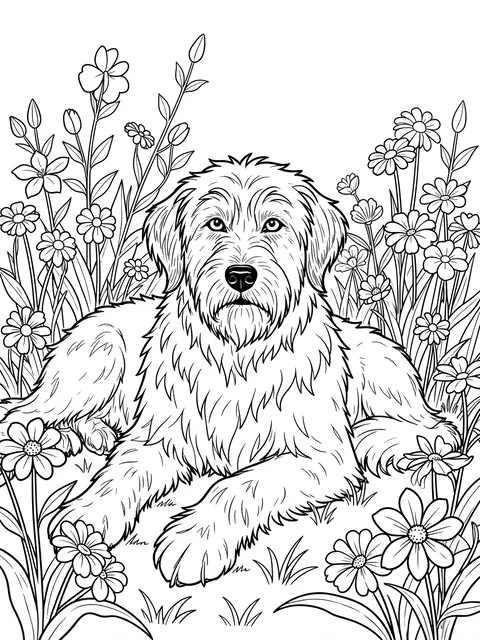 Black and white line art of a shaggy sheepdog lying among tall garden flowers on a white background