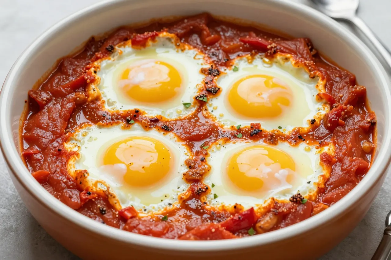 Close-up view of shakshuka with four poached eggs in spiced tomato sauce in a ceramic bowl