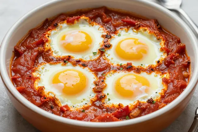 Close-up view of shakshuka with four poached eggs in spiced tomato sauce in a ceramic bowl