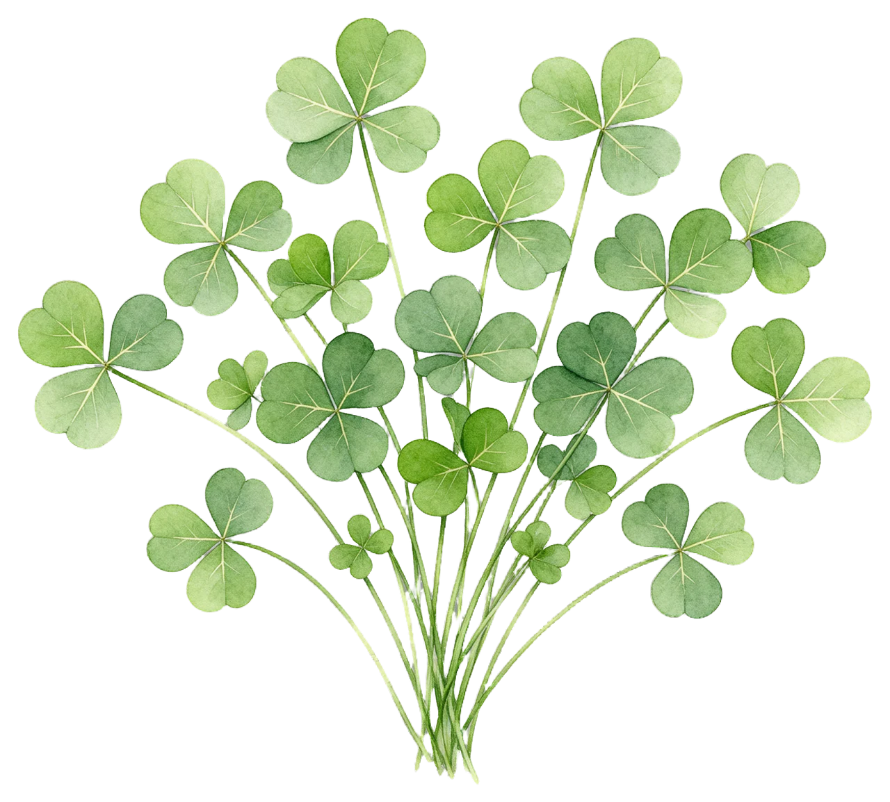 Watercolor illustration of a loose, wide bouquet of fresh green shamrock sprigs.