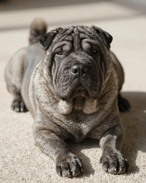 A wrinkled gray Shar Pei rests calmly on a light carpet in warm sunlight.