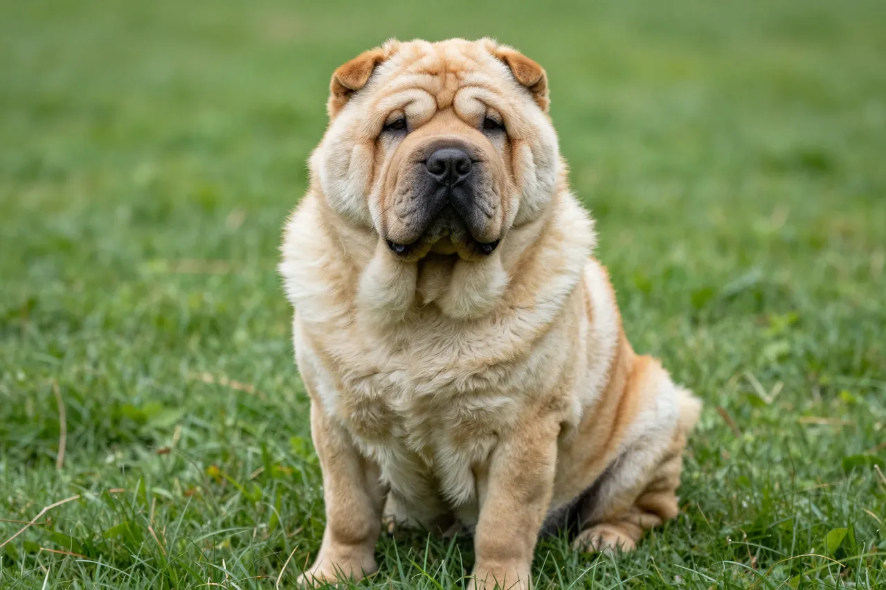 A wrinkled fawn shar pei sits upright facing the camera on a lush green grass lawn