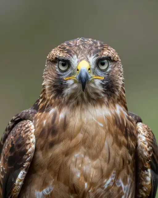 Close up portrait of a hawk facing forward with intense, sharp eyes against a soft blurred background