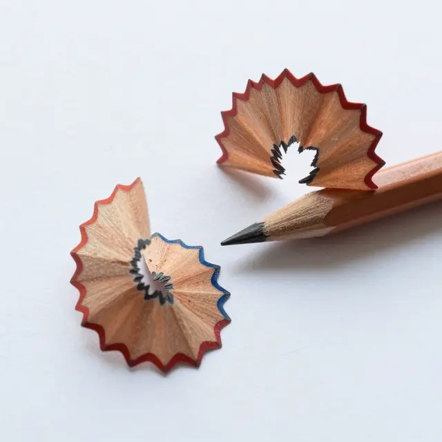 A sharpened wooden pencil rests next to decorative curled pencil shavings on blank white paper.
