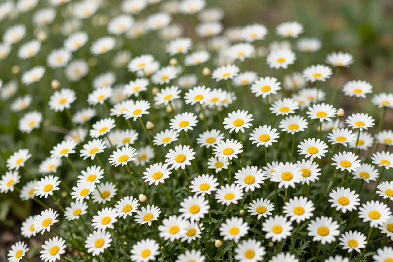 A dense cluster of blooming shasta daisies with white petals and yellow centers fills a sunlit garden border.