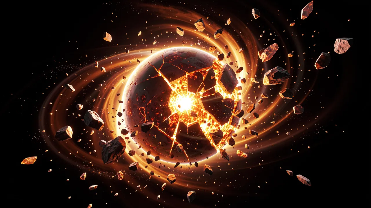 A planet shatters apart, glowing molten core exposed as rocky debris spirals through dark space