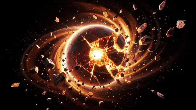 A planet shatters apart, glowing molten core exposed as rocky debris spirals through dark space