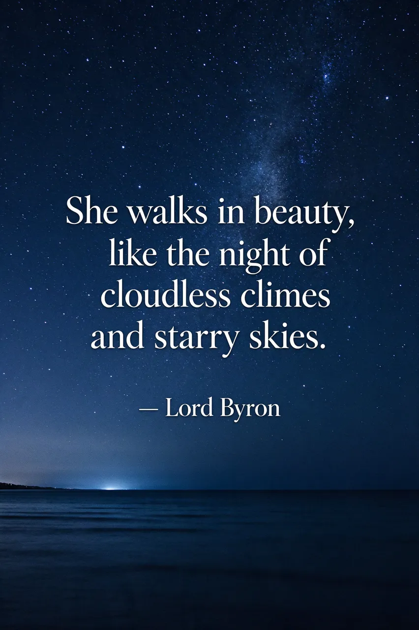 White serif Lord Byron quote over a starry deep navy night sky above calm dark sea, reading "She walks in beauty, like the