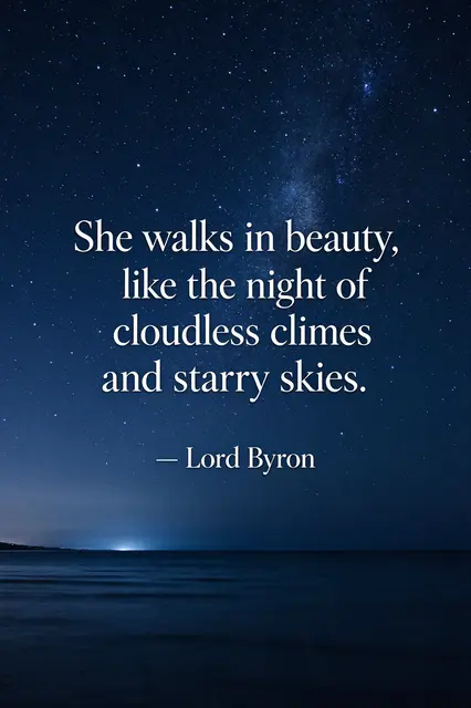 White serif Lord Byron quote over a starry deep navy night sky above calm dark sea, reading "She walks in beauty, like the