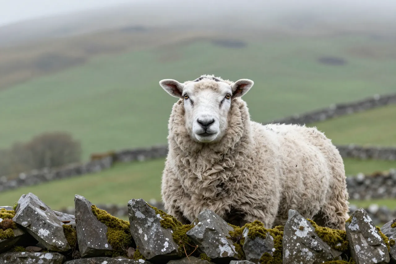 A woolly sheep looks directly over a mossy dry stone wall in misty rolling hills