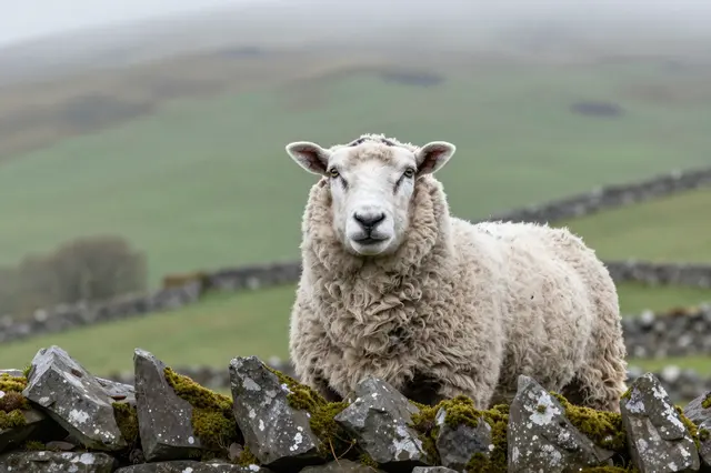 A woolly sheep looks directly over a mossy dry stone wall in misty rolling hills