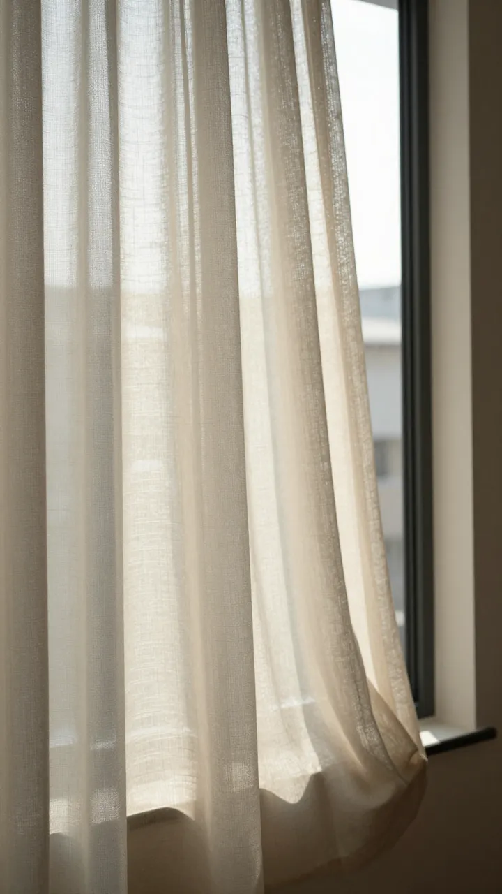 Soft morning sunlight filters through a flowing sheer linen curtain beside a window.