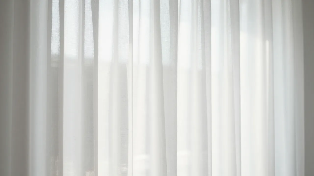 Soft backlight glows through lightweight sheer white hanging curtains