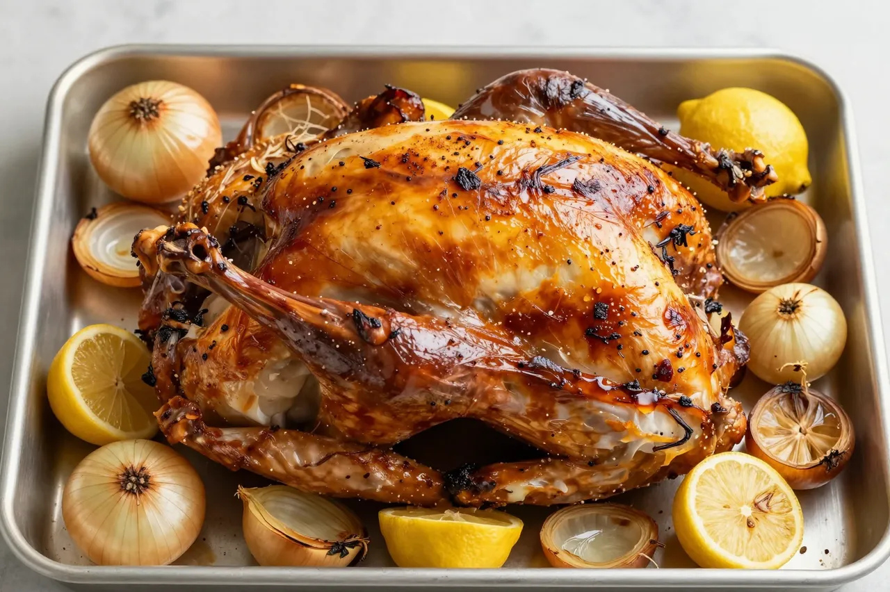 Top view of a glossy roasted turkey surrounded by onions and lemons on a metal sheet pan