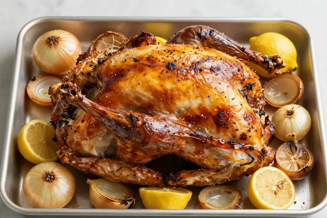 Top view of a glossy roasted turkey surrounded by onions and lemons on a metal sheet pan