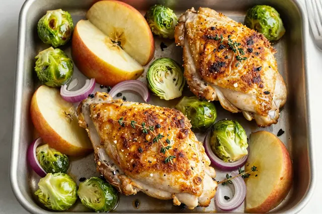 Overhead view of crispy roasted chicken thighs with apples, brussels sprouts, red onion and thyme in a metal baking pan