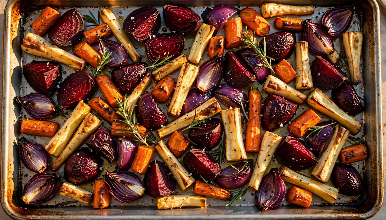 Overhead view of roasted beets, parsnips, carrots, red onion and rosemary arranged on a metal baking sheet in warm golden