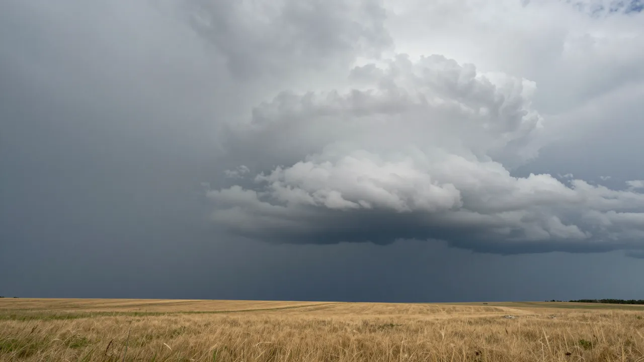 A dense dramatic shelf cloud looms over golden prairie grass ahead of an approaching storm