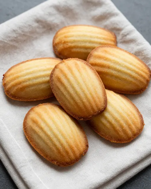 Golden baked shell-shaped madeleine cookies rest stacked on a folded light linen napkin over a dark stone surface.