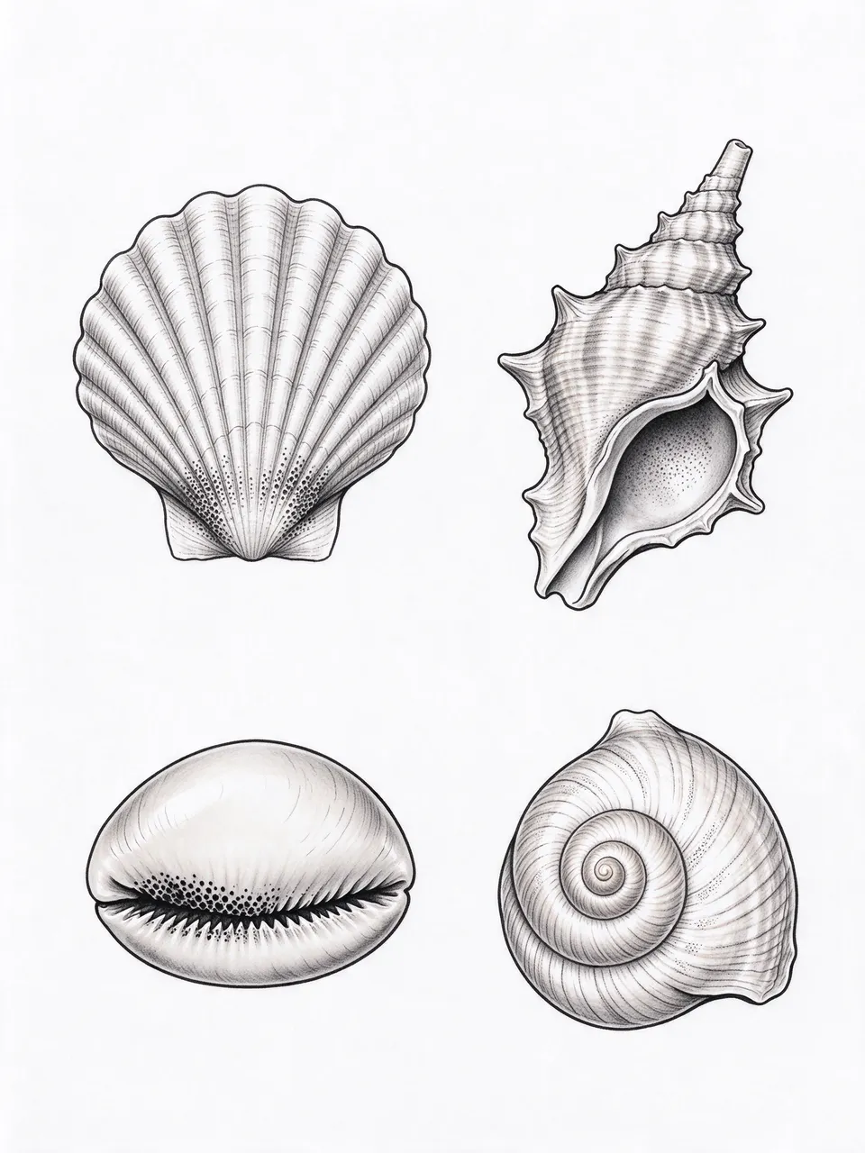 Four detailed black ink shell illustrations arranged on a plain white background