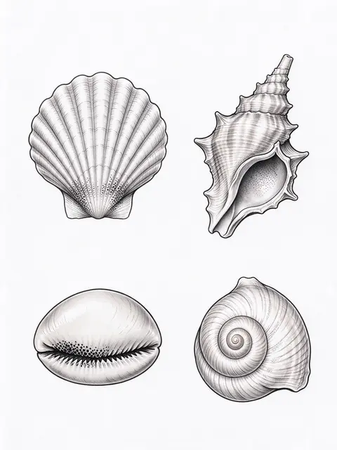 Four detailed black ink shell illustrations arranged on a plain white background
