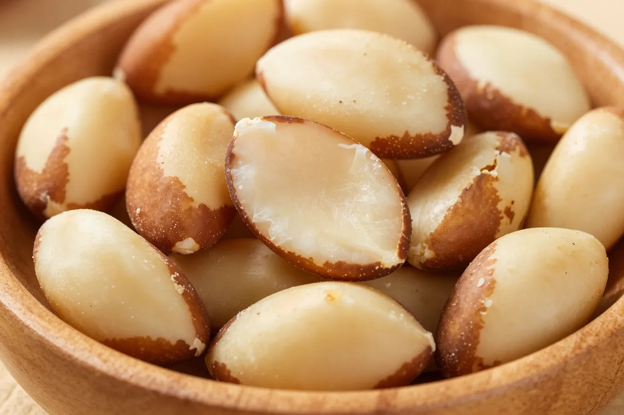 Close-up view of peeled and partially peeled brazil nuts piled in a shallow wooden bowl