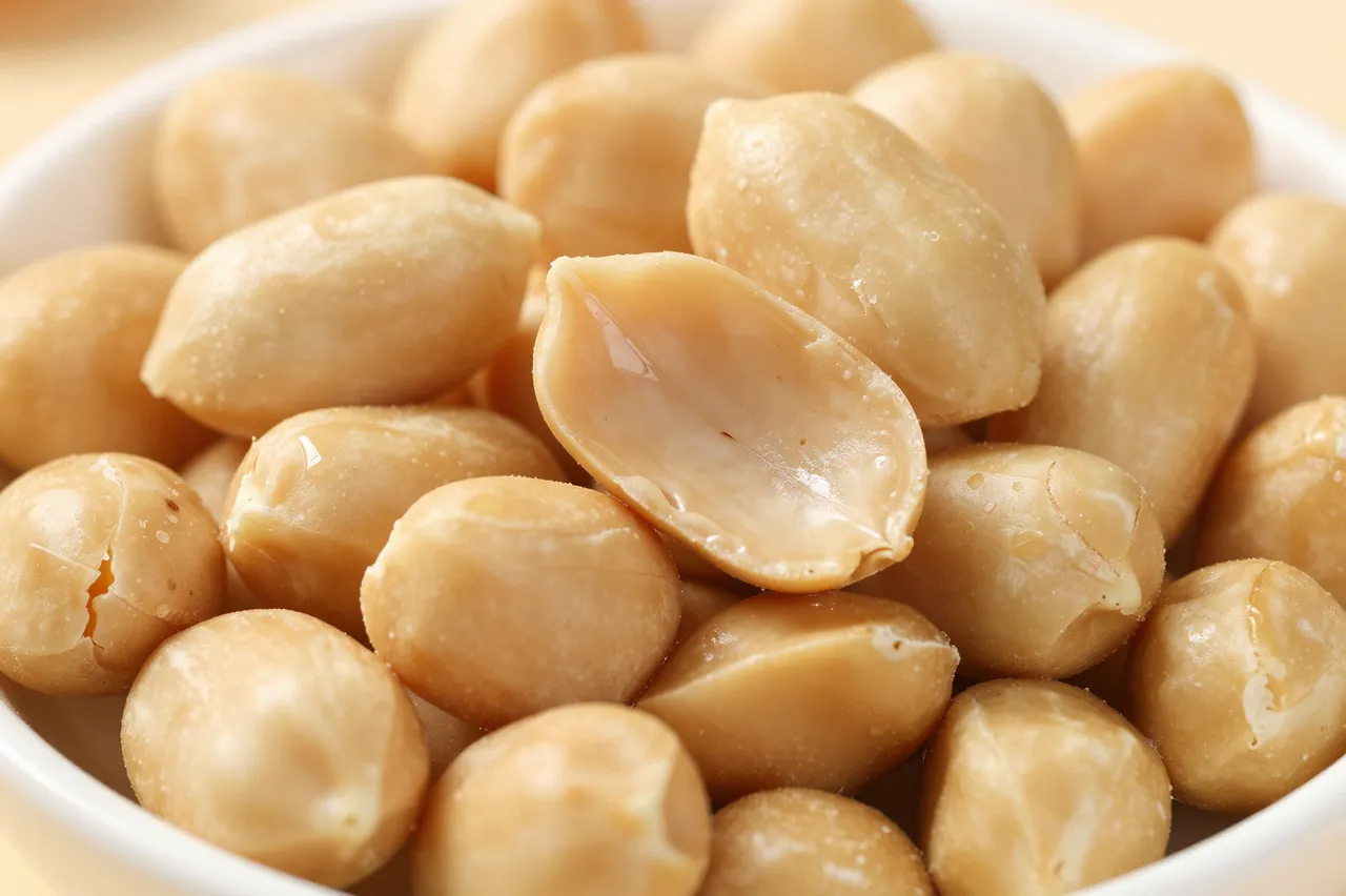 Close-up of shelled roasted peanuts arranged in a small white bowl, with one split peanut in the foreground.