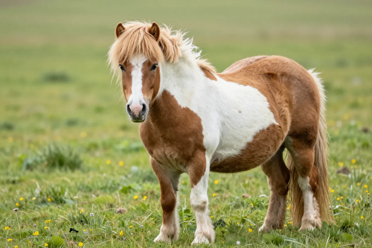 A brown and white Shetland pony stands calmly in a grassy wildflower meadow facing the viewer.