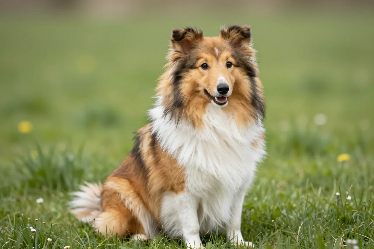 A fluffy sable and white shetland sheepdog sits calmly in a sunlit grassy spring meadow facing the camera.