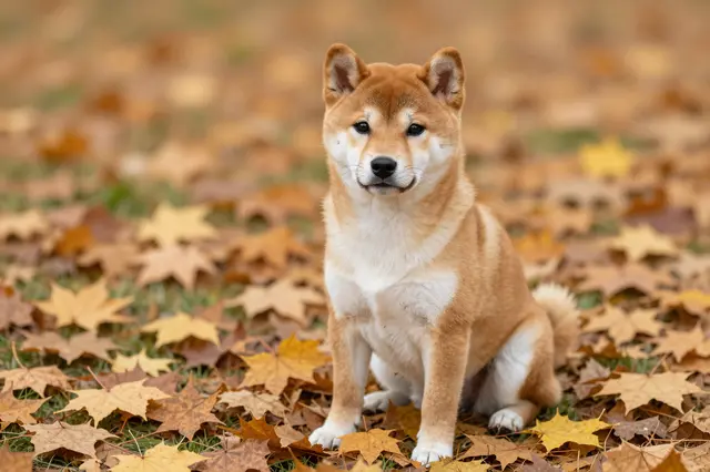 A tan and white shiba inu sits upright on ground covered in fallen autumn maple leaves.