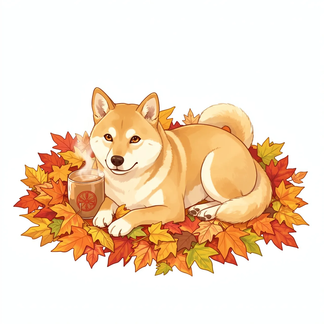 A cute illustrated shiba inu rests on a pile of colorful autumn maple leaves beside a steaming warm beverage.