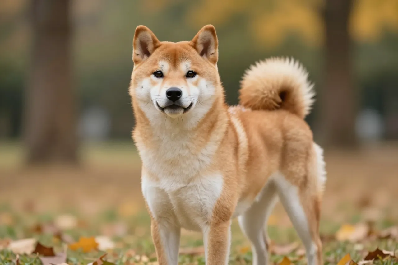 A tan and white shiba inu stands alert on fallen autumn leaves in a park