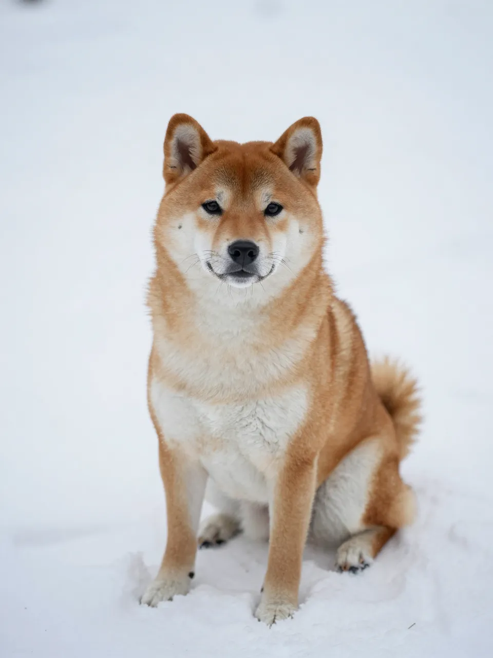 A tan and white shiba inu sits calmly facing the camera on fresh white snow