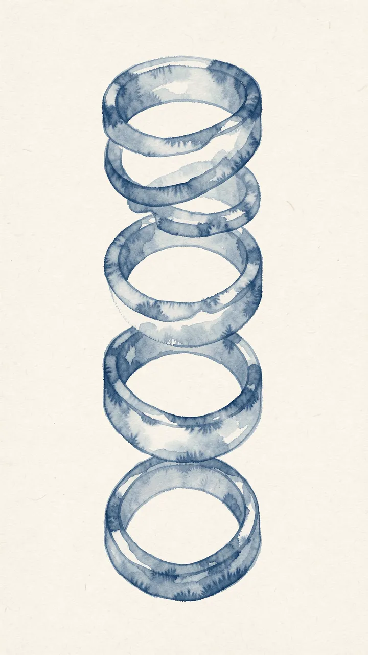 Stacked faded blue shibori-style watercolor rings on an off-white textured background