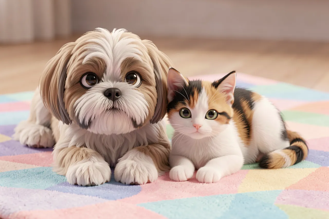 Cute 3D Shih Tzu puppy and calico kitten lie side by side on a pastel geometric rug.