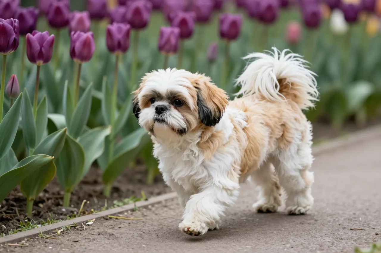 A fluffy gold and white Shih Tzu walks along a garden path beside purple tulips.
