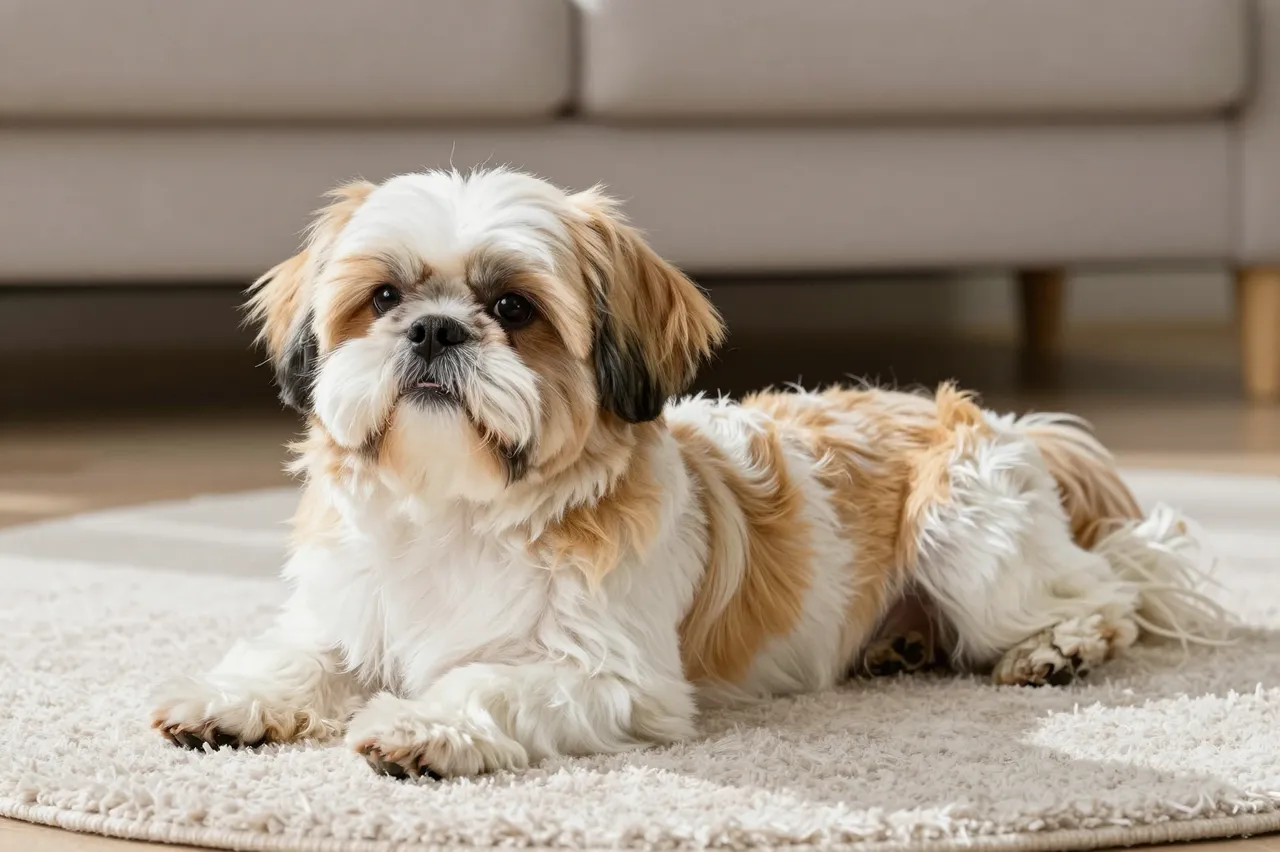 A fluffy white and gold Shih Tzu lies on a soft plush rug in a sunlit living room, looking at the camera.