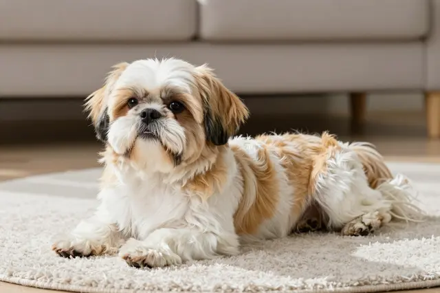 A fluffy white and gold Shih Tzu lies on a soft plush rug in a sunlit living room, looking at the camera.