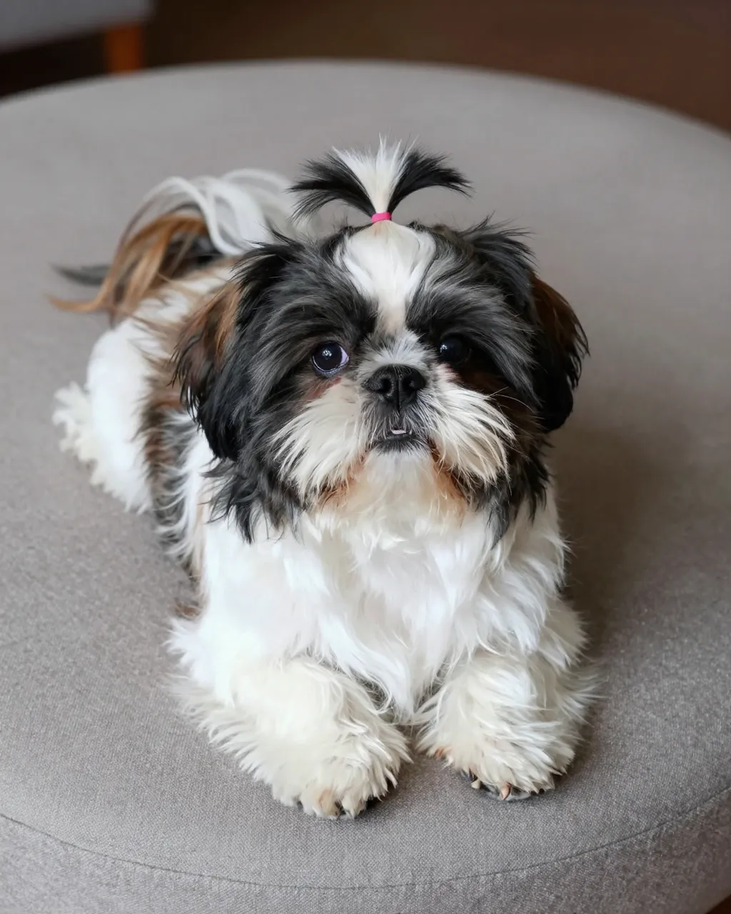 Long-haired Shih Tzu with a pink topknot lying on a round gray upholstered footstool looking at the camera