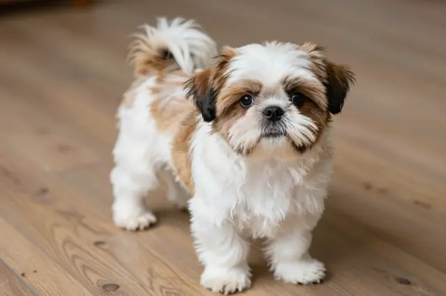 A fluffy white and brown Shih Tzu puppy stands looking directly at the camera on a light wooden floor.