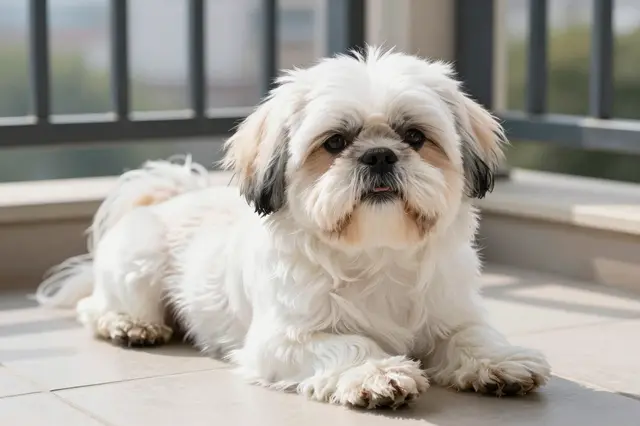A fluffy white and tan Shih Tzu lies relaxed on tiled sunlit balcony flooring facing the camera.
