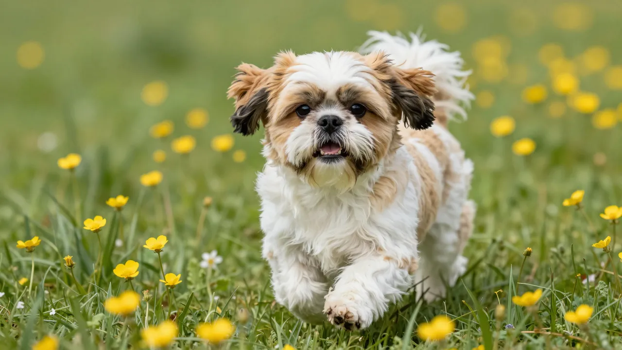 A gold and white Shih Tzu runs toward the camera through a spring meadow dotted with yellow buttercups
