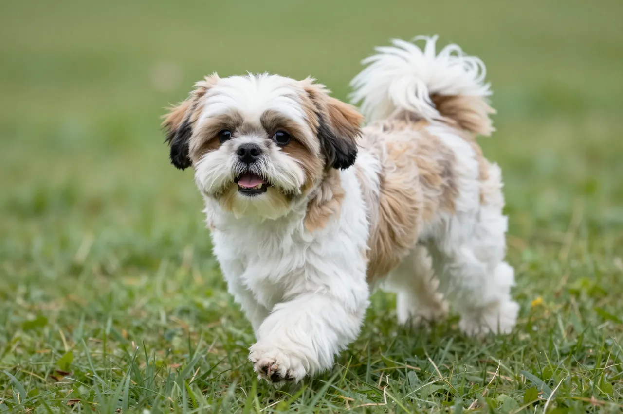 A short trimmed shih tzu dog moves toward the camera across a lush green grass lawn