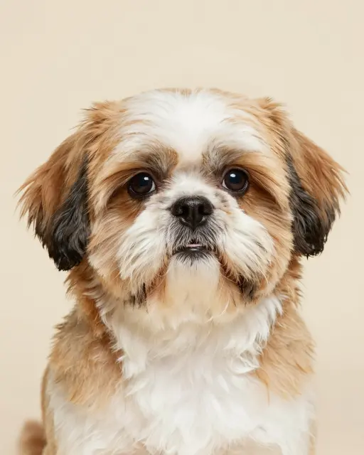 Close-up head portrait of a gold and white Shih Tzu looking directly at the camera against a plain cream backdrop