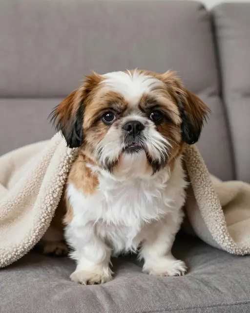 A fluffy brown and white Shih Tzu peeks out from a soft cream blanket on a gray sofa.
