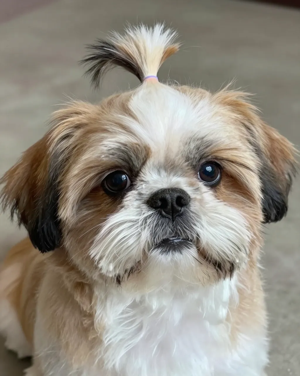 Close-up portrait of a shih tzu with a tied topknot looking directly at the camera