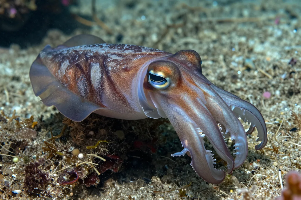 A shimmering cuttlefish rests on a sandy and algae-covered underwater reef seabed.