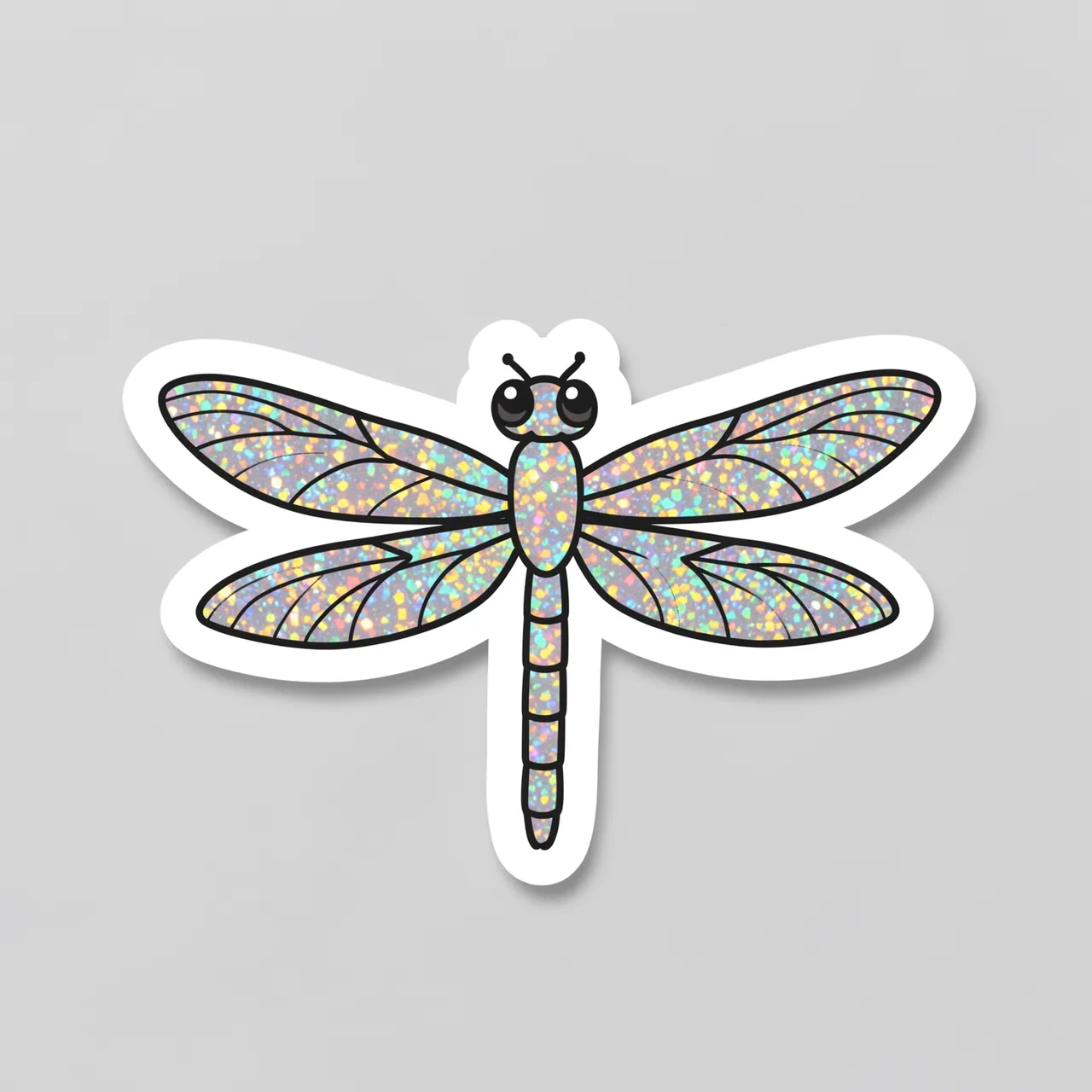 A cute illustrated die-cut dragonfly sticker with holographic glitter wings and a thick white border sits on a light gray